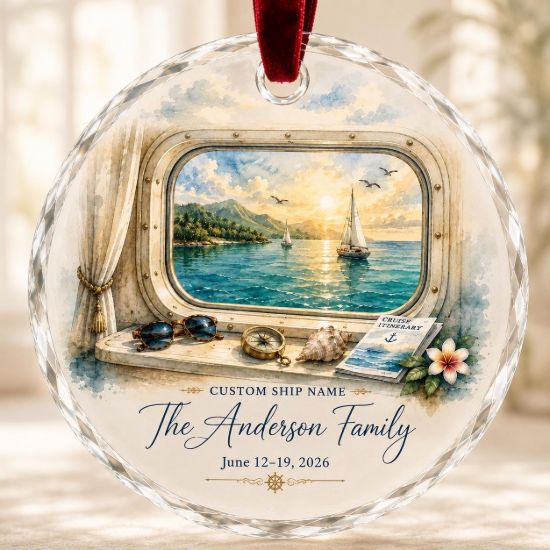 Picture of Personalized Cruise Window Ornament, Custom Cruise Ship Christmas Ornament, Family Vacation Keepsake, Cruise Porthole Gift, Travel Decor