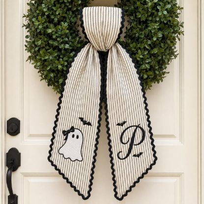 Picture of Personalized Ghost Girl Halloween Wreath Sash, Custom Monogram Door Bow, Embroidered Halloween Front Door Decor, Spooky Ghost Bow Halloween