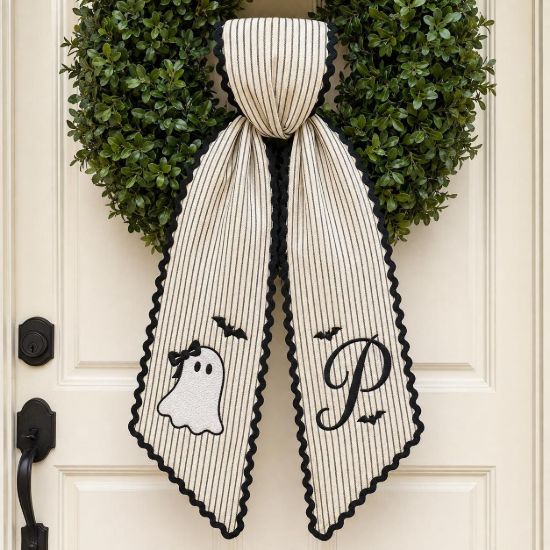 Picture of Personalized Ghost Girl Halloween Wreath Sash, Custom Monogram Door Bow, Embroidered Halloween Front Door Decor, Spooky Ghost Bow Halloween