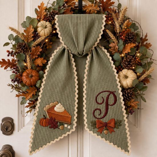 Picture of Personalized Thanksgiving Wreath Sash, Pumpkin Pie Door Bow, Embroidered Fall Monogram Sash, Autumn Front Door Decor Gift Halloween