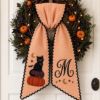 Picture of Personalized Black Cat Halloween Wreath Sash, Pumpkin Door Bow, Custom Monogram Wreath Ribbon, Embroidered Fall Front Door Decor Halloween