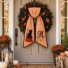 Picture of Personalized Black Cat Halloween Wreath Sash, Pumpkin Door Bow, Custom Monogram Wreath Ribbon, Embroidered Fall Front Door Decor Halloween