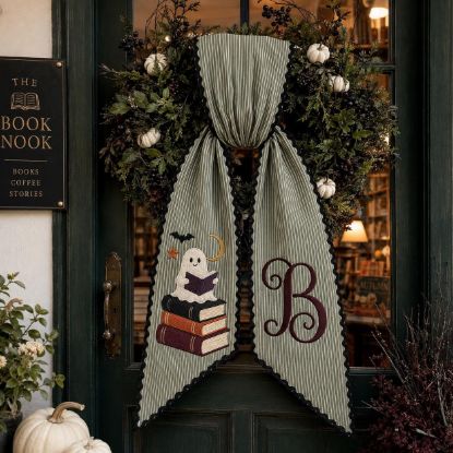Picture of Personalized Ghost Reader Halloween Wreath Sash, Book Lover Door Bow, Custom Monogram Embroidered Front Door Decor, Spooky Library Gift