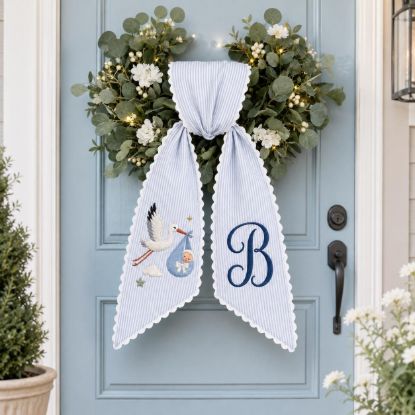 Picture of Personalized Baby Boy Wreath Sash, Stork Birth Announcement Door Bow, Custom Monogram Embroidered Front Door Decor, New Baby Gift Sash
