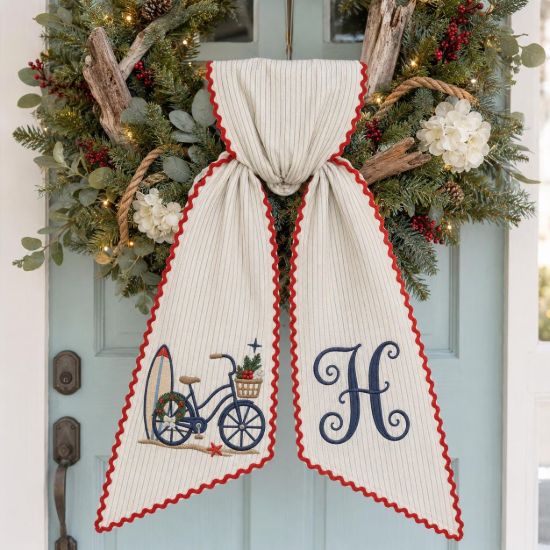 Picture of Personalized Coastal Christmas Wreath Sash, Beach Bike Door Bow, Custom Monogram Embroidered Holiday Front Door Decor, Nautical Gift