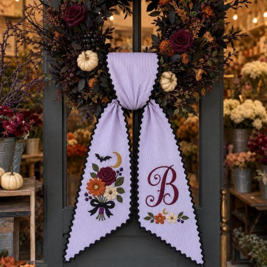 Picture of Personalized Halloween Floral Wreath Sash, Gothic Flower Shop Door Bow, Custom Embroidered Front Door Decor, Spooky Fall Gift Halloween