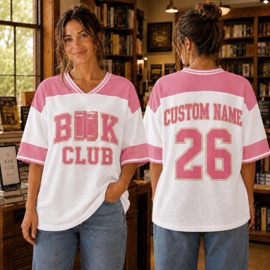 Picture of Custom Book Club Oversized Jersey, Personalized Reading Jersey, Custom Name Number Book Lover Shirt, Librarian Gift, Reader Oversized Tee