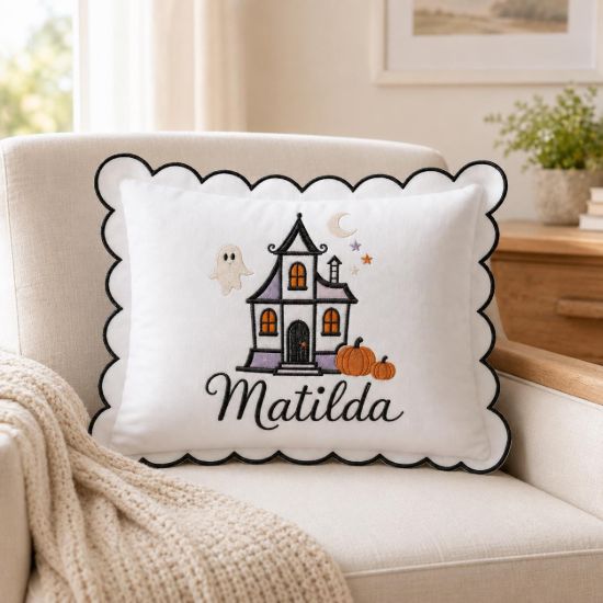 Picture of Personalized Halloween Pillow, Custom Embroidered Halloween Name Pillow, Ghost Haunted House Cushion, Kids Halloween Decor, Spooky Gift