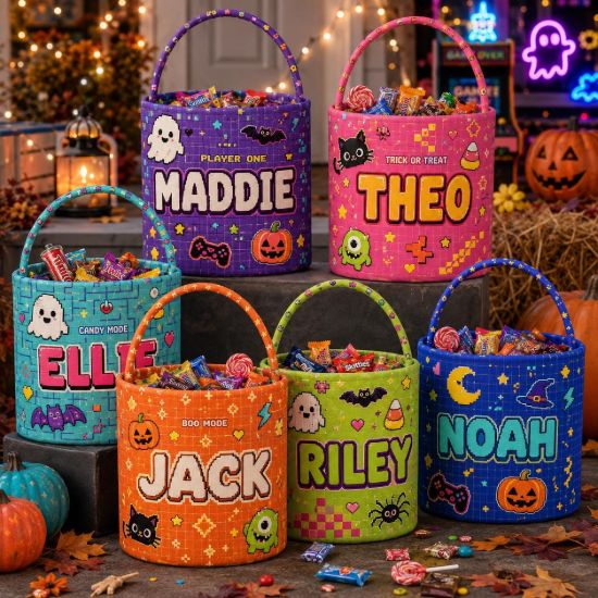 Picture of Personalized Halloween Basket, Gamer Trick or Treat Bag, Custom Name Candy Bucket for Kids, Pixel Halloween Boo Basket, Gamer Halloween Gift