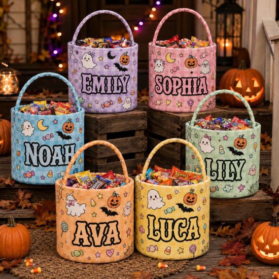 Picture of Personalized Halloween Basket, Custom Name Trick or Treat Bag, Cute Ghost Candy Bucket for Kids, Pastel Boo Basket, Halloween Gift Toddler