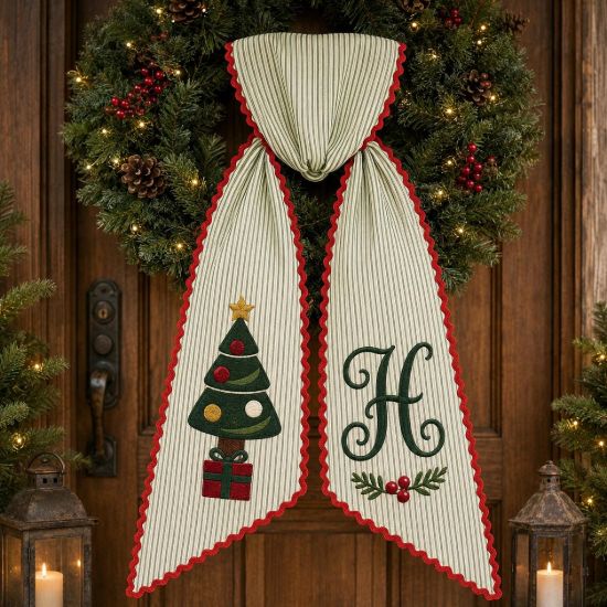 Picture of Personalized Christmas Wreath Sash, Embroidered Christmas Tree Sash, Monogram Holiday Door Decor, Custom Initial Wreath Bow, Christmas Gift