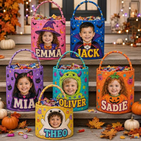 Picture of Personalized Photo Halloween Basket, Custom Face Trick or Treat Bag, Kids Candy Bucket, Personalized Boo Basket, Halloween Gift for Kids