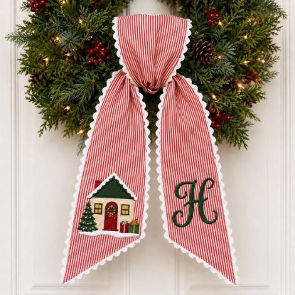 Picture of Personalized Christmas Home Wreath Sash, Embroidered Christmas House Sash, Monogram Holiday Door Decor, Custom Wreath Bow, Christmas Gift