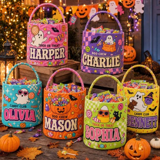 Picture of Personalized Halloween Basket, Custom Name Trick or Treat Bag, Cute Ghost Candy Bucket for Kids, Boo Crew Basket, Halloween Gift for Toddler