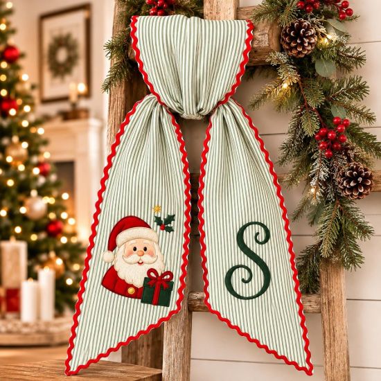 Picture of Personalized Christmas Wreath Sash, Santa Embroidered Wreath Sash, Monogram Holiday Door Decor, Custom Initial Wreath Bow, Christmas Gift