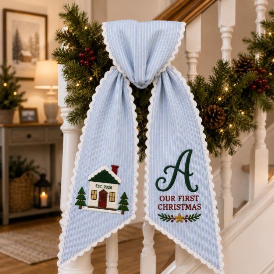 Picture of Personalized First Christmas Sash, Embroidered New Home Sash, Our First Christmas Monogram Sash, New Home Gift, Christmas Holiday Keepsake