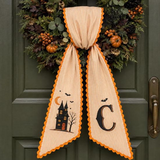 Picture of Personalized Halloween Sash, Embroidered Haunted House Monogram Sash, Orange Halloween Accessory, Custom Initial Spooky Halloween Gift