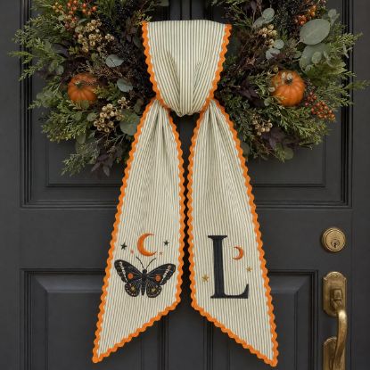 Picture of Personalized Halloween Sash, Embroidered Butterfly Monogram Sash, Spooky Moon & Stars, Green Stripe Fall Sash, Halloween Gift for Her Decor