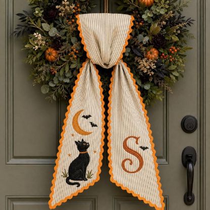 Picture of Personalized Halloween Sash, Black Cat Moon Embroidered Sash, Custom Monogram Spooky Sash, Witchy Fall Accessory, Halloween Gift for Her