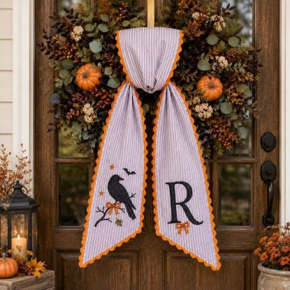 Picture of Personalized Halloween Sash, Embroidered Black Crow Monogram Sash, Lavender Stripe Spooky Halloween Accessory, Custom Initial Fall Gift