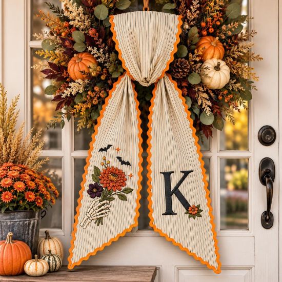 Picture of Personalized Halloween Sash, Skeleton Hand Floral Embroidered Sash, Custom Monogram Spooky Fall Accessory, Embroidered Halloween Gift