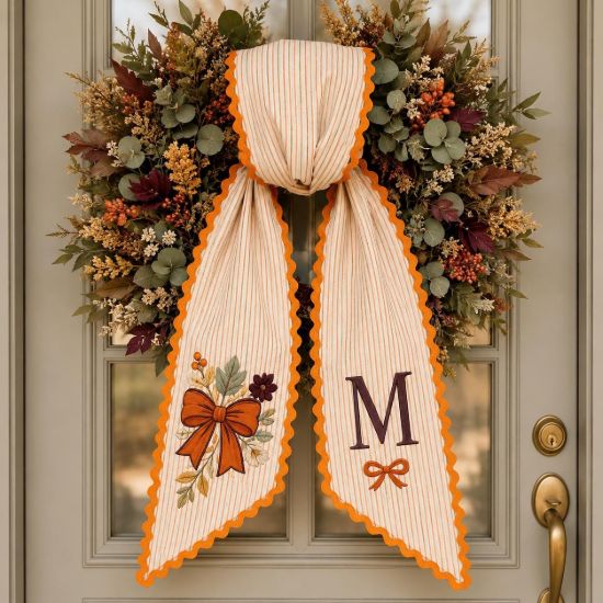 Picture of Personalized Fall Sash, Autumn Floral Bow Embroidery Sash, Custom Initial Thanksgiving Sash, Harvest Season Gift for Her, Autumn Gift