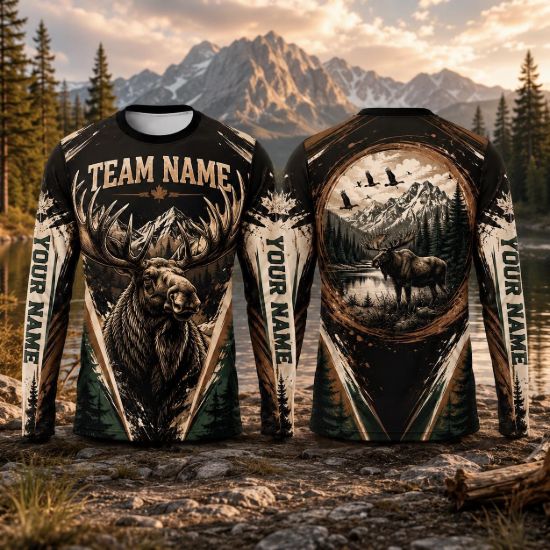 Picture of Personalized Moose Hunting Shirt, Custom Moose Hunter Jersey, Hunting Team Long Sleeve, Custom Name Outdoor Shirt, Gift for Hunter Men