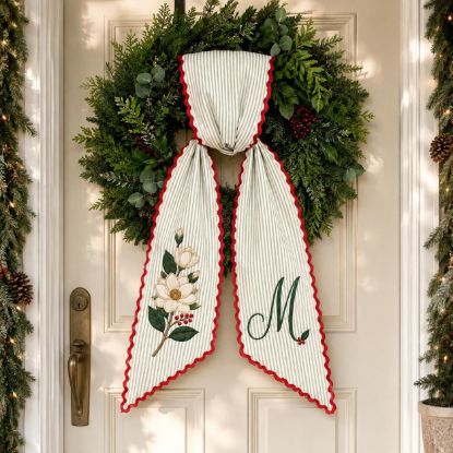 Picture of Personalized Christmas Sash, Magnolia Flower Monogram Sash, Embroidered Holiday Floral Accessory, Custom Initial Christmas Gift for Her