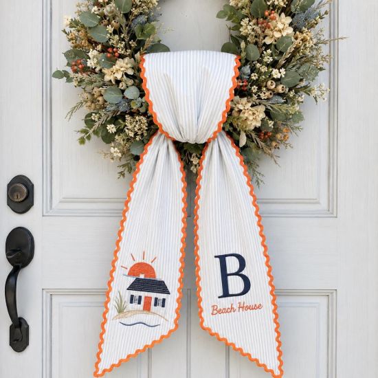 Picture of Personalized Beach House Sash, Coastal House Embroidered Monogram Sash, Custom Initial Summer Holiday Accessory, Beach House Lover Gift