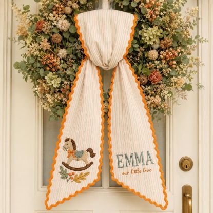 Picture of Personalized Baby Horse Fall Sash, Rocking Horse Name Embroidered Sash, Custom Baby Autumn Accessory, Baby Shower Gift, Keepsake for Girl