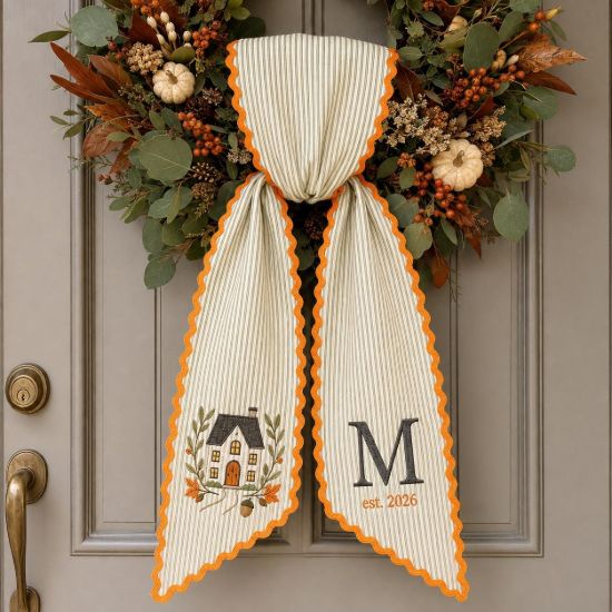 Picture of Personalized New Home Wreath Sash, Embroidered House Monogram Sash, Custom Initial Est Year, Housewarming Gift, Fall House Wreath Sash