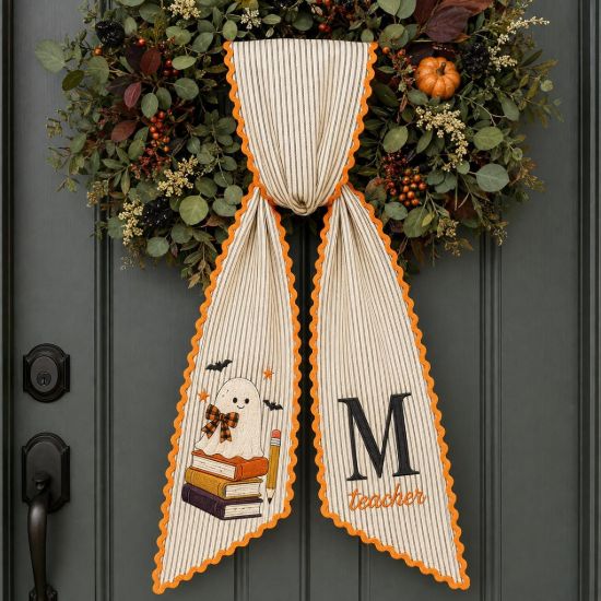 Picture of Personalized Teacher Halloween Sash, Embroidered Ghost Books Monogram Sash, Custom Teacher Name Fall Accessory, Halloween Teacher Gift Sash
