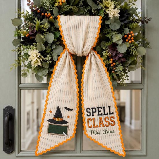 Picture of Personalized Teacher Halloween Sash, Spell Class Embroidered Sash, Custom Teacher Name, Witch Hat Sash Accessory, Halloween Teacher Gift