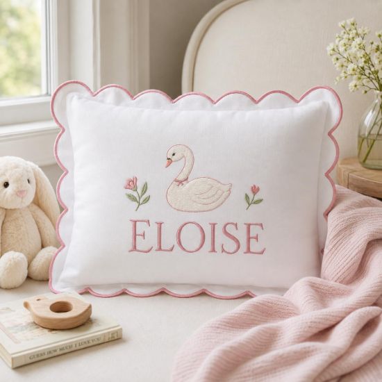 Picture of Personalized Swan Name Pillow, Embroidered Scalloped Pillow, Custom Baby Girl Cushion, Floral Swan Nursery Decor, Baby Shower Gift