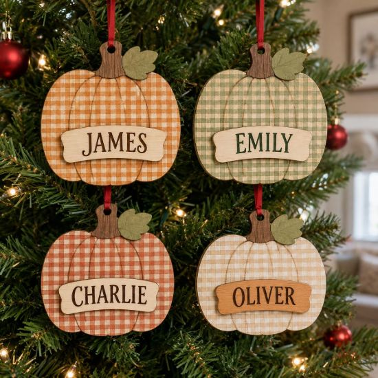 Picture of Personalized Plaid Pumpkin Ornament, Custom Name Wooden Christmas Ornament, Gingham Fall Decor, Family Thanksgiving Gift, Kids Keepsake