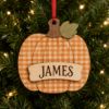 Picture of Personalized Plaid Pumpkin Ornament, Custom Name Wooden Christmas Ornament, Gingham Fall Decor, Family Thanksgiving Gift, Kids Keepsake
