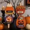 Picture of Personalized Halloween Candy Ornament, Custom Name Wooden Candy Corn Caramel Apple Lollipop Pumpkin Bucket, Kids Trick or Treat Gift