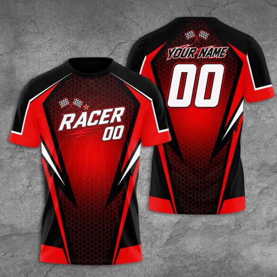 Picture of Custom Racing T-Shirt, Personalized Name Number Racer Jersey, Kids Motorsport Shirt, Checkered Flag Race Car Gift, Birthday Outfit for Boys