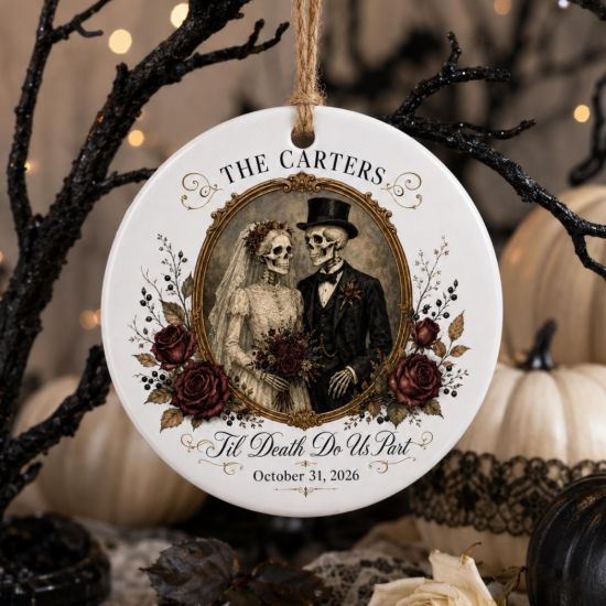 Picture of Personalized Gothic Wedding Ceramic Ornament 2026, Skeleton Bride Groom, Custom Last Name Date, Til Death Do Us Part Halloween Keepsake Gift