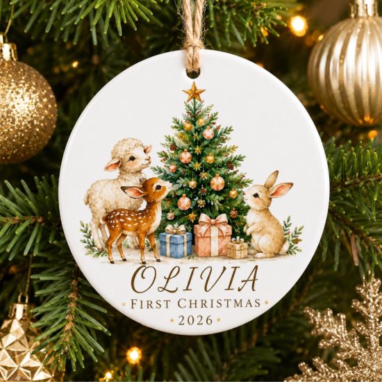 Picture of Personalized Baby First Christmas Ornament, Woodland Animals, Newborn Keepsake Decor