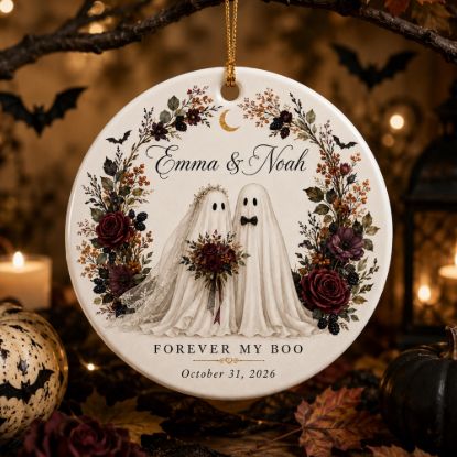 Picture of Personalized Ghost Bride Groom Ornament, Gothic Halloween Wedding Keepsake, Custom Names Date