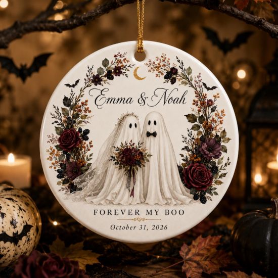 Picture of Personalized Ghost Bride Groom Ornament, Gothic Halloween Wedding Keepsake, Custom Names Date