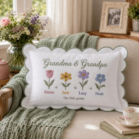 Picture of Personalized Grandma Grandpa Flowers Pillow, Grandkids Name Embroidered Pillow, Custom Grandparents Gift, Gift for Grandma Grandpa Pillow
