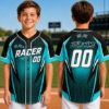 Picture of Personalized Kids Racing Baseball Jersey, Custom Name Number Racer Shirt, Checkered Flag Youth Sports Jersey, Blue Green Team Uniform