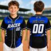 Picture of Personalized Kids Racing Baseball Jersey, Custom Name Number Racer Shirt, Checkered Flag Youth Sports Jersey, Black Teal Yellow Team Jersey