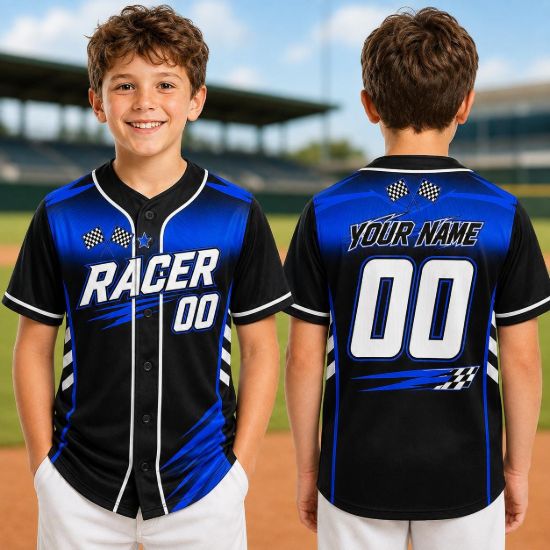 Picture of Personalized Kids Racing Baseball Jersey, Custom Name Number Racer Shirt, Checkered Flag Youth Sports Jersey, Black Teal Yellow Team Jersey