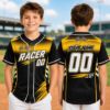 Picture of Personalized Kids Racing Baseball Jersey, Custom Name Number Racer Shirt, Checkered Flag Youth Sports Jersey, Black Teal Yellow Team Jersey