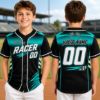 Picture of Personalized Kids Racing Baseball Jersey, Custom Name Number Racer Shirt, Checkered Flag Youth Sports Jersey, Black Teal Yellow Team Jersey