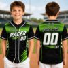 Picture of Personalized Kids Racing Baseball Jersey, Custom Name Number Racer Shirt, Checkered Flag Youth Sports Jersey, Black Teal Yellow Team Jersey