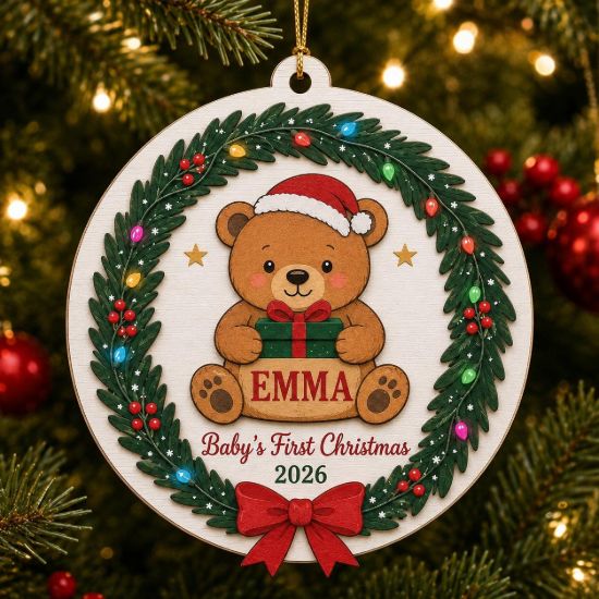 Picture of Personalized Baby First Christmas Ornament, Custom Name Teddy Bear Ornament, Baby 1st Christmas Gift, Newborn Keepsake, 2026 Xmas Tree Decor
